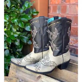 

Women's Autumn Winter Boots Flower Embroidery Rivets Ladies Boots Mixed Color Mid-calf Shoes Pointed Toe Western 3cm Boots Women