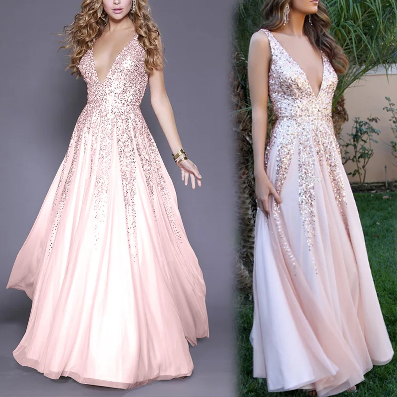 

2018 Hot Selling Evening Gown Dress European And American-Style New Style Sexy V-neck Sequin Sleeveless Evening Gown