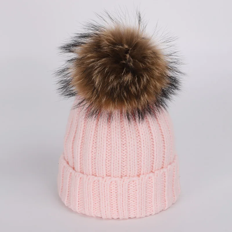 Pink-2 New Fashion Ladies Raccoon Fur Pompom Knit Beanies Hat Scarf Sets Female Soft Cap Scarves Winter Warm Women Cotton bonnet - Цвет: Pink-2