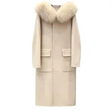 Повседневная модная зимняя новая стильная женская одежда, плотное хлопковое шерстяное пальто с меховым воротником и капюшоном, шерстяные длинные однотонные куртки QQ097