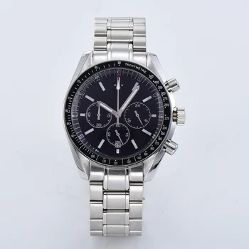 

40mm Chronograph Watch Luminous Hands Japan VK Quartz Black dial Steel Strap Bracelet Date Multifunction Men Watch