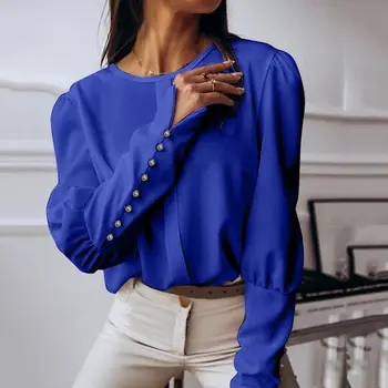 

2020 Spring Long Puff Sleeve Blouse ZANZEA Women Casual Solid Tunic Tops Elegant O Neck Button Cuffs Work Shirt Blusas Chemise