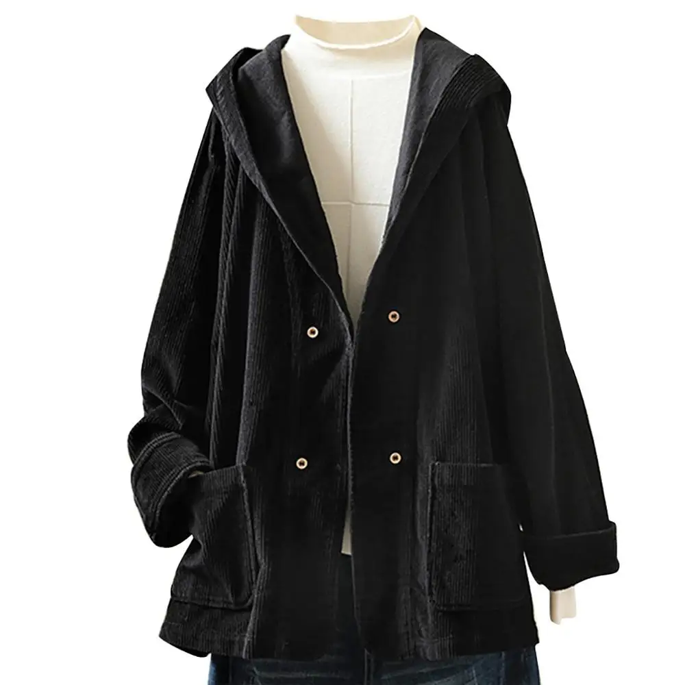 Новые вельветовые куртки Харадзюку, женские осенне-зимние пальто, большие размеры, женские большие Топы, милые однотонные куртки, одежда - Цвет: Черный