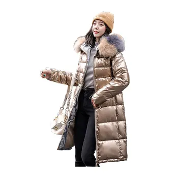 

Chic Women Medium Long Winter Jacket Glossy Fur Collar Detachable Hooded Windproof down jacket Oversize Cotton padded Parkas