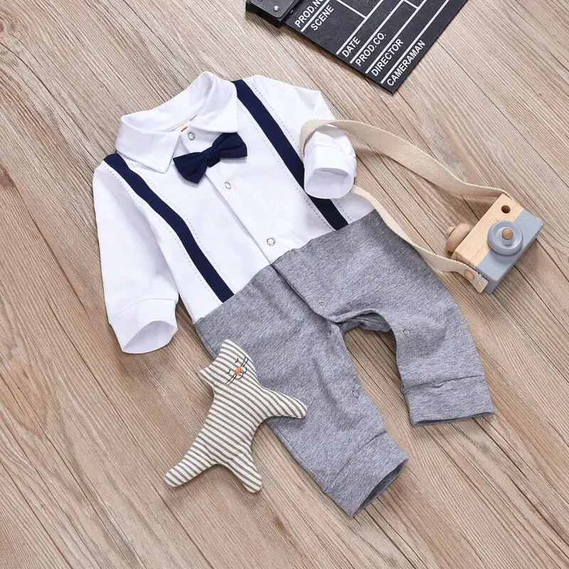 Brand New Baby Rompers Newborn Baby Boys Gentleman Suit Bow Tie Children Party Pure Cotton Patchwork Long Sleeve Autumn Hot