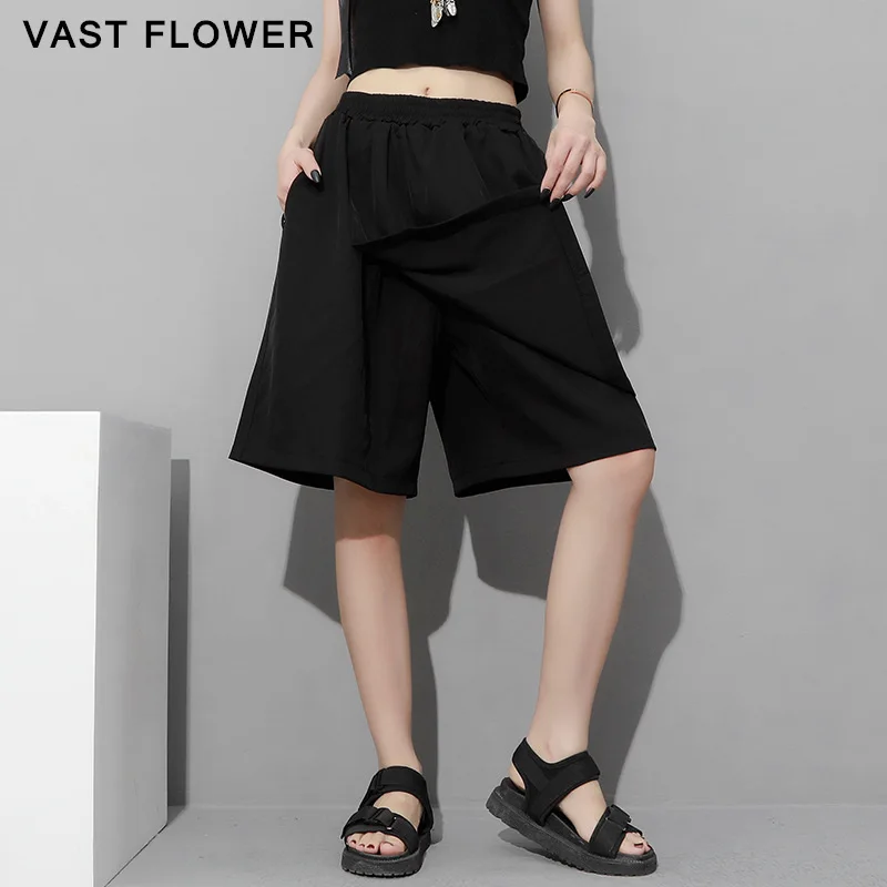 

Black Elastic Waist Patchwork Wide Leg Pants Women New Pocket Plus Size Loose Casual Knee Length Trousers Fashion Summer 2021