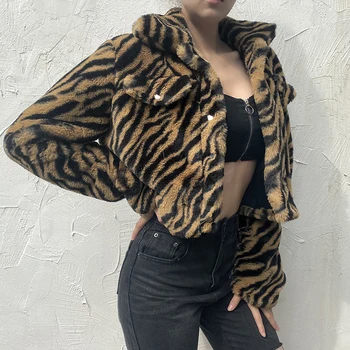 

Women's Zebra faux fur coat Print Button Down Long Sleeve Furry Cropped Jacket Thicken Soft Autumn winter Female