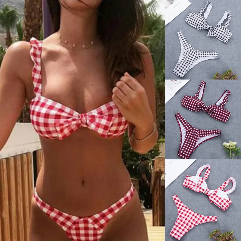 

Women Two Pieces Swimsuit Checks Print Halter Ruffles Bikini Set Bathing Swimwear Swimsuit Female Separate Swimsuit Women