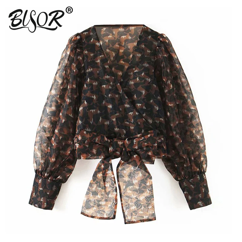 

Women vintage print crop tops sexy Bow design V neck long sleeve transparent blouse female short stylish Organza shirts blusas