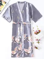 Gray satin Long Bathrobe Women Wedding Bride Bridesmaid Robe Nightgown Sleepwear Print Crane Kimono Size S M L XL XXL XXXL - Image 4