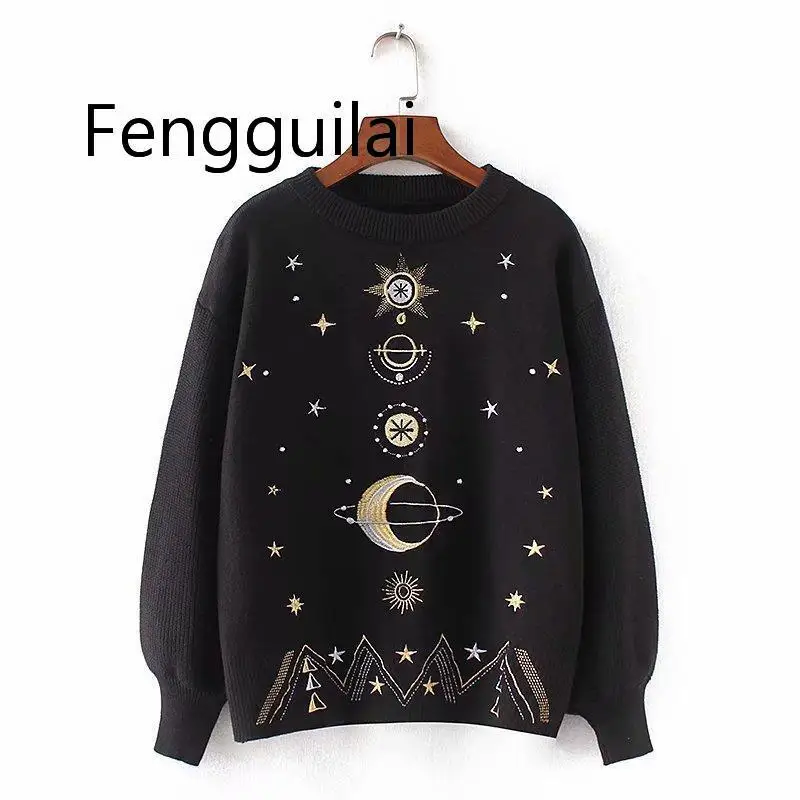 Fall Women Fashion Sweater Moon Star Embroidery Knitting Sweaters O-Neck Winter Warm Pullover Sweater Casual Girls Tops Sweater