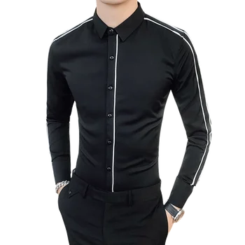

2019 Office Dress Shirts Mens Slim Fit Shirts Long Sleeve White Black Spring Autumn Male British style Retro Shirts Tops