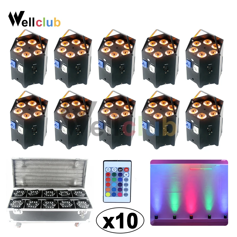 

10pcs 6X18W Battery Powered Wireless LED Par Light 6in1 RGBAW UV LED Par Uplight Projector With Charging Case for Wedding