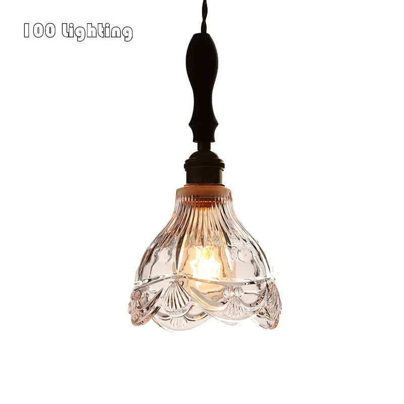 

Japanese Style Pendant Lamp Restaurant Transparent Glass Bedside Lounge Tea Room Bar Counter Light Fixtures Walnut Wood E27