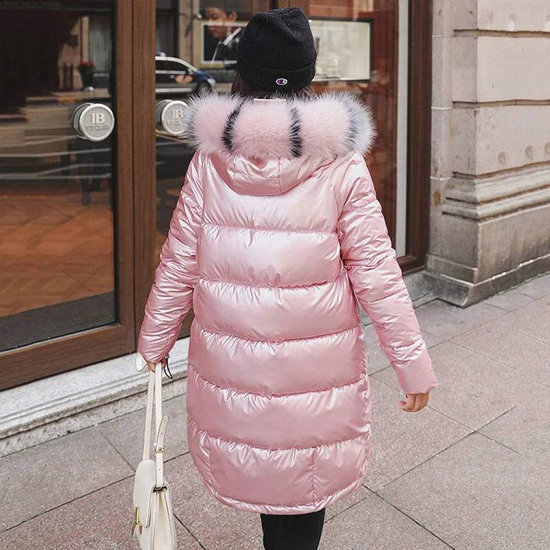 Высокое качество, новинка, зимняя куртка для женщин, теплая, утолщенная, с капюшоном, с мехом, длинное пальто, блестящая ткань, стильный женский пуховик, хлопковая парка