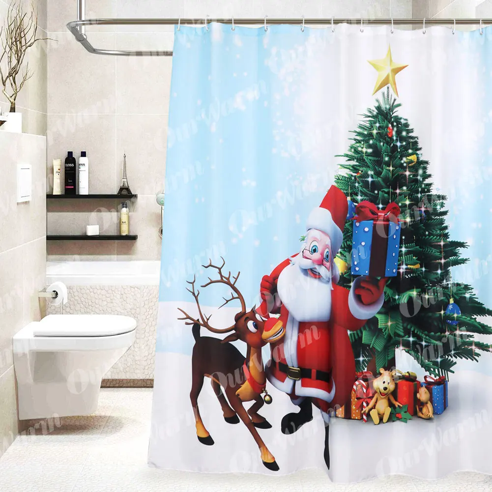 OurWarm 1.8m Christmas Waterproof Bathroom Curtain Santa Claus Christmas Tree Polyester Shower Curtain for Home Decor Navidad