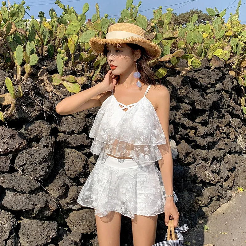 

New Style Boxer Two-piece Swimsuits Women's Bikini Small Bust Gathering Gauze Flounced Conservative Spa Resort Swimwear