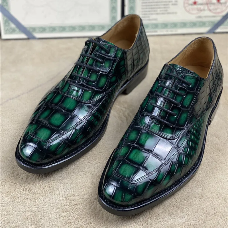 Authentic Crocodile Belly Skin Handmade Men's Party Dress Shoes Genuine Alligator Leather Male Lace-up Green Oxford Shoes