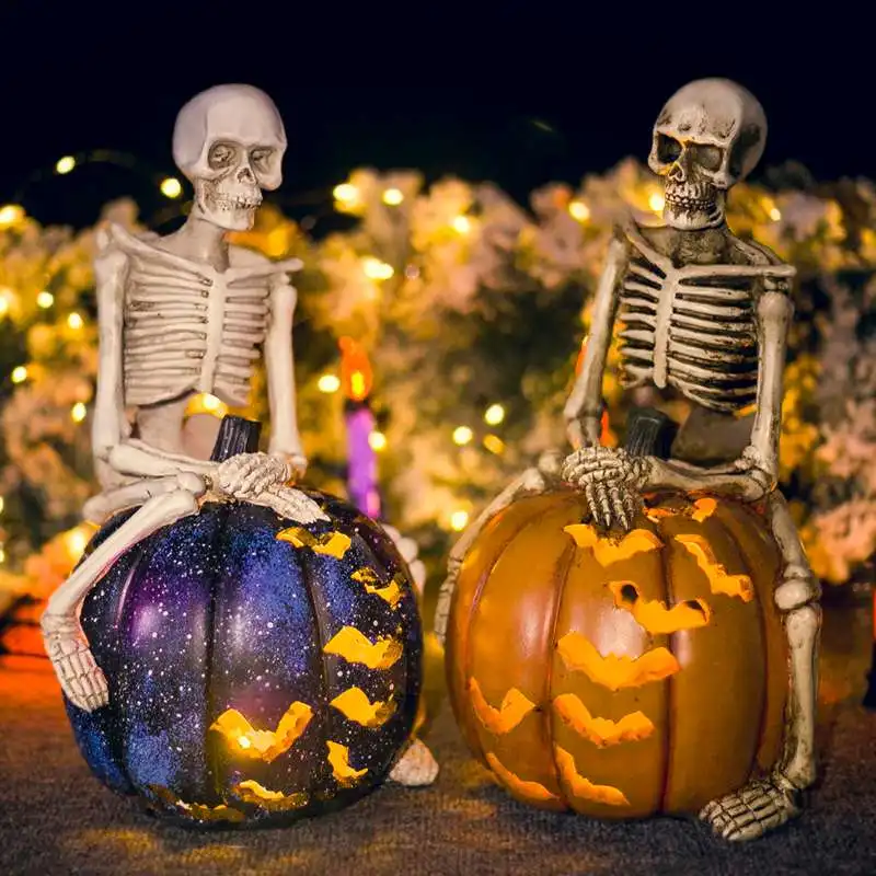 

Bar Environment Decoration Halloween Resin Simulated Skeleton On Pumpkin LED Light Lighting Decoration Deaf Pumpkin Lighting