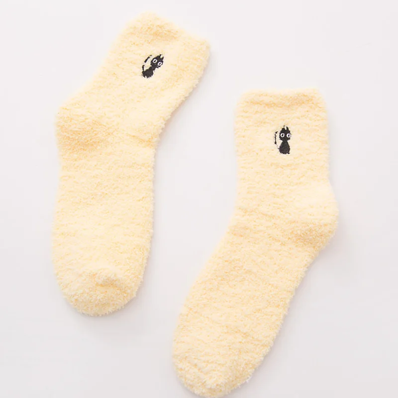 Cat-yellow Jerrinut женские зимние теплые шерстяные носки милые коралловые бархатные пушистые носки Kawaii повседневные одноцветные домашние носки-тапочки 1 пара - Цвет: Cat-yellow