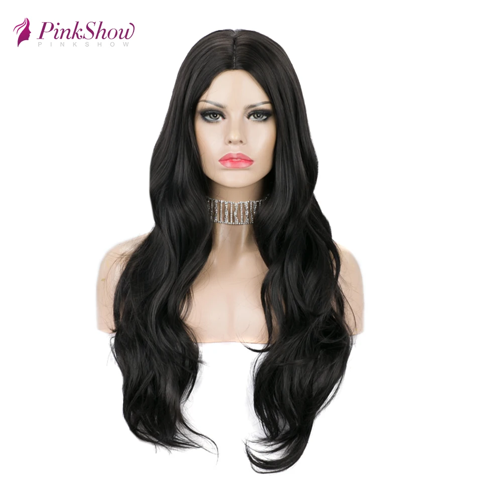 Pinkshow черные парики для черных женщин длинные волнистые синтетические парики средняя часть термостойкие волокна естественные волосы