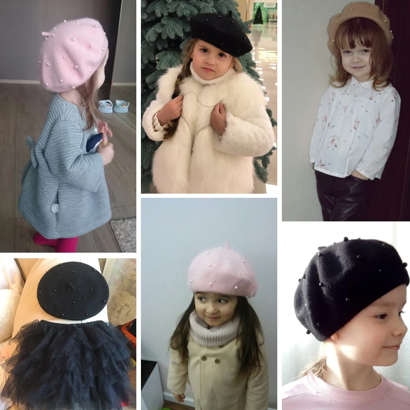 Fashion Wool Baby Hat with Pearls Candy Color Retro Baby Girl Cap Kids Beret Hats for Girls 3-8 Years 1PC