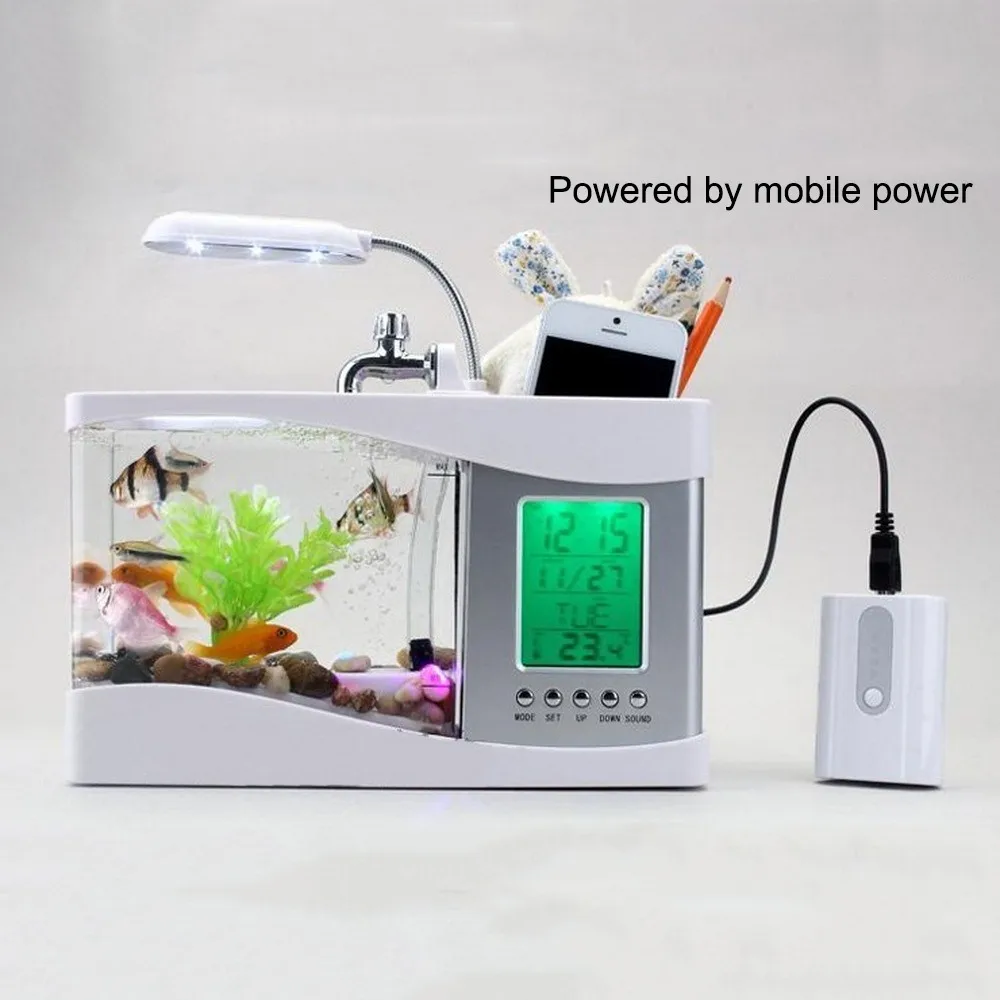 USB мини аквариумный аквариум часы Светодиодная лампа для аквариума дисплей светодиодный экран аквариум Настольный аквариум держатель ручки 1.5л