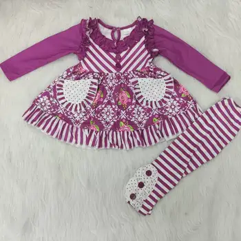 

Pretty Baby Girl Purple Flower Ruffle Clothing Outfit Stripe Pockets Kids Clothing Sets