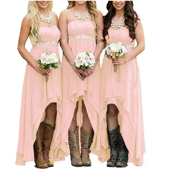 Один элемент модные высокие низкие бирюзовые шифоновые платья подружки невесты - Цвет: Розовый