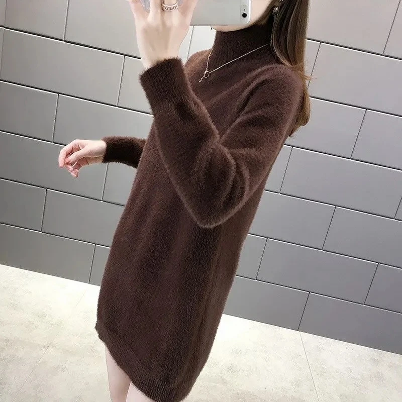 

Imitate Mink Velvet Mid-Length Loose Half-High Collar 2023 Autumn Winter Bottoming Shirt Sweater Women Outer Wear Thick M225