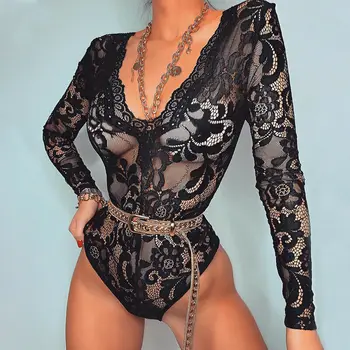 

Women's Sexy Bodysuit Plunge V Neck Full Lace Bodycon Tops Lingerie Romper Clubwear Long Sleeve Slim Fit Lace Sexy Bodysuit New