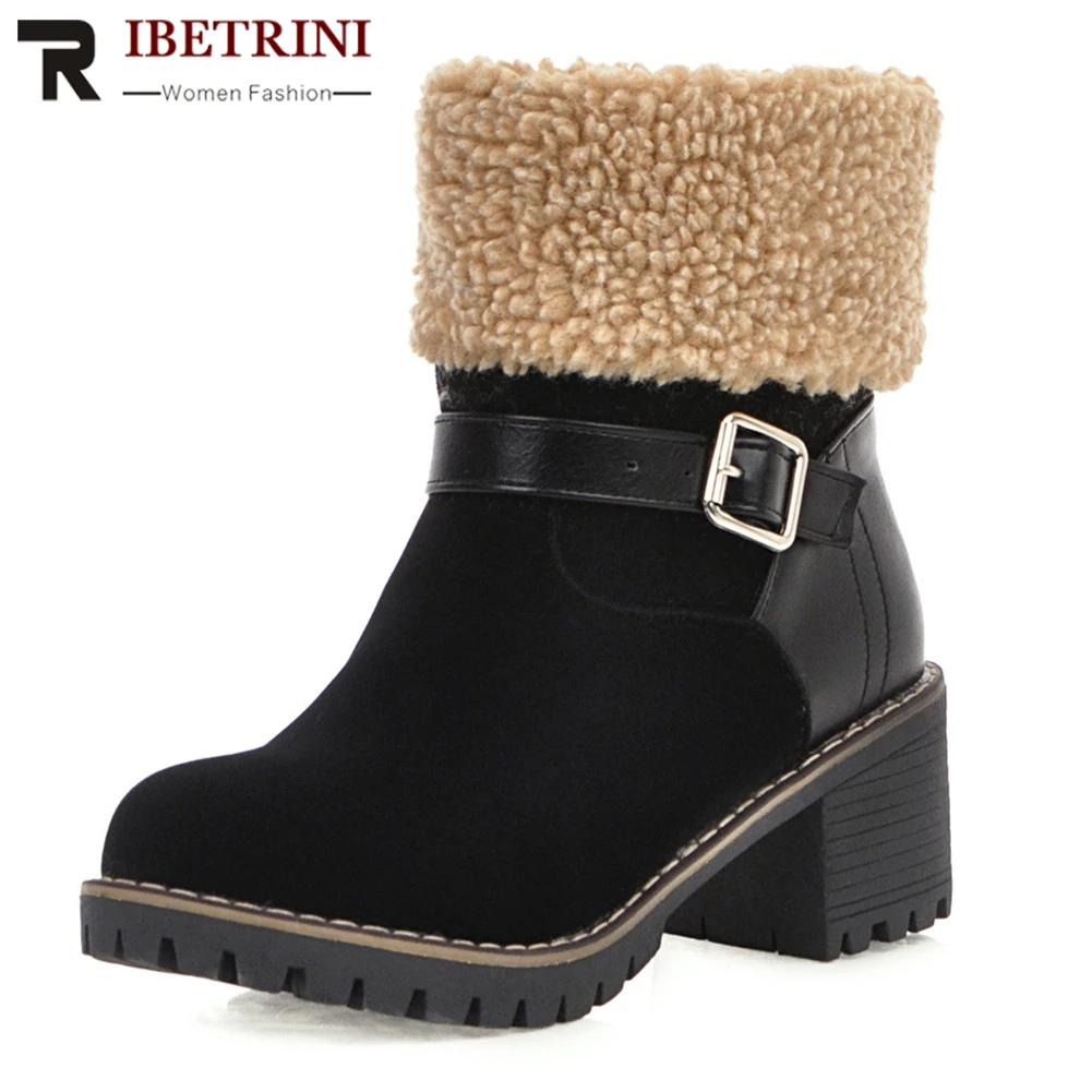 

RIBETRINI Dropship 2019 Add Fur Warm Winter Boots Women Shoes Chunky Heels Slip On Casual Shoes Woman Ankle Boots 32-43
