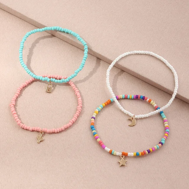 4PCS/SET Bohemian Color Multilayer Anklet Women Mixed Star Moon Cactus Lock Pendant Summer Beach Casual Jewelry Friendship Gift 4