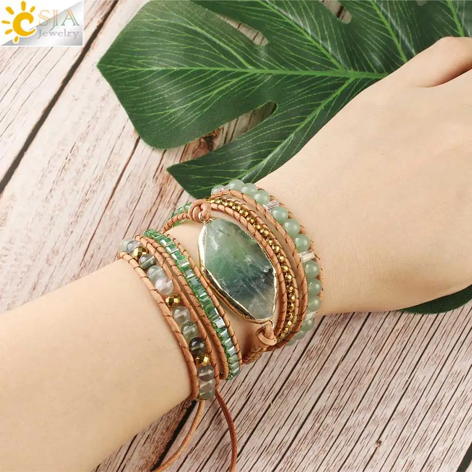 Baratos CSJA Natural piedra verde fluorita cristal CUENTA DE Aventurina cuero envoltura pulsera multicapa pulseras Boho Pulseira Feminina G118