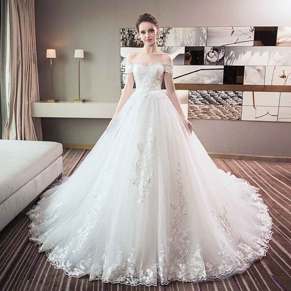 2019 белые свадебные платья с юбкой Vestido De Noiva вырез лодочкой с коротким рукавом Аппликации Тюль платье-трапеция Mariage