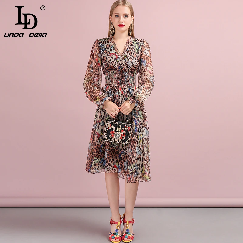 

LD LINDA DELLA 2019 Autumn Women Dress Runway Fashion Designer Sexy V-Neck Leopard Butterfly Printed Modern New Ladys Dresses