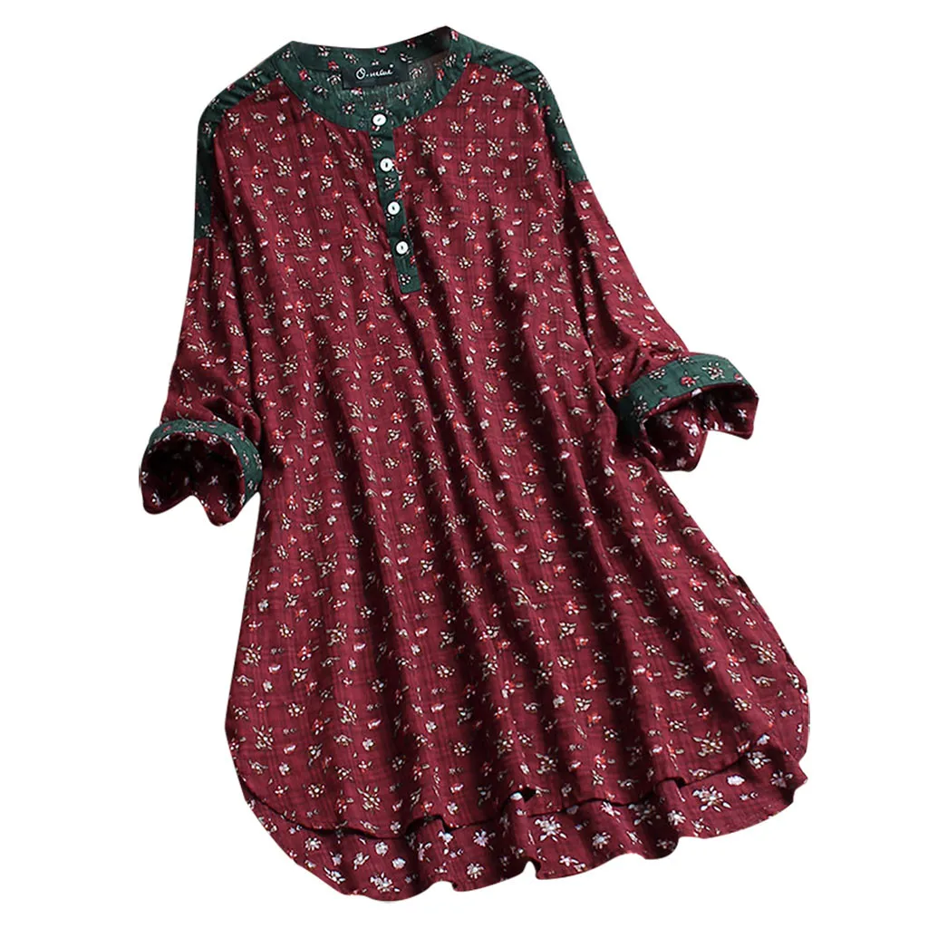 Женские блузки размера плюс с длинным рукавом, винтажные Женские топы с принтом s и блузки, туники, женские топы, модная женская одежда - Цвет: Красный