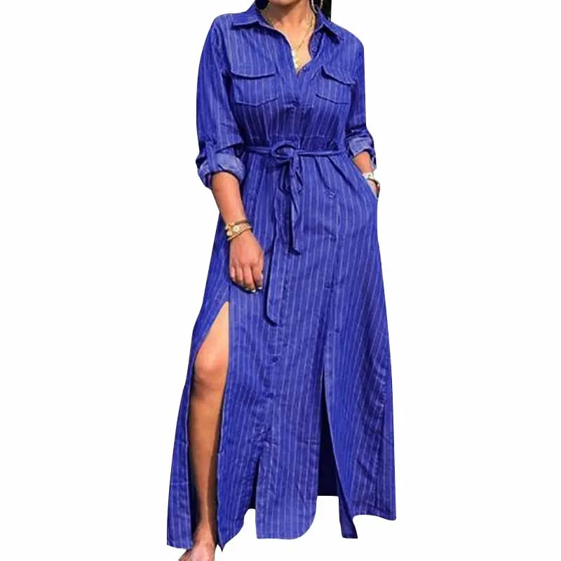 ZANZEA, женское длинное макси платье, богемное, Vestidos, элегантное, женское, с отворотом, на шее, сарафан, в полоску, с карманами, сексуальное, с разрезом, с поясом, платье - Цвет: Синий