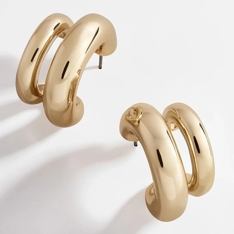 F.I.N.S Gold Color Double Circle Small Stud Earring for Women Simple Crystal Jeweled Ear Cuff Earrings Korean Fashion Jewelry