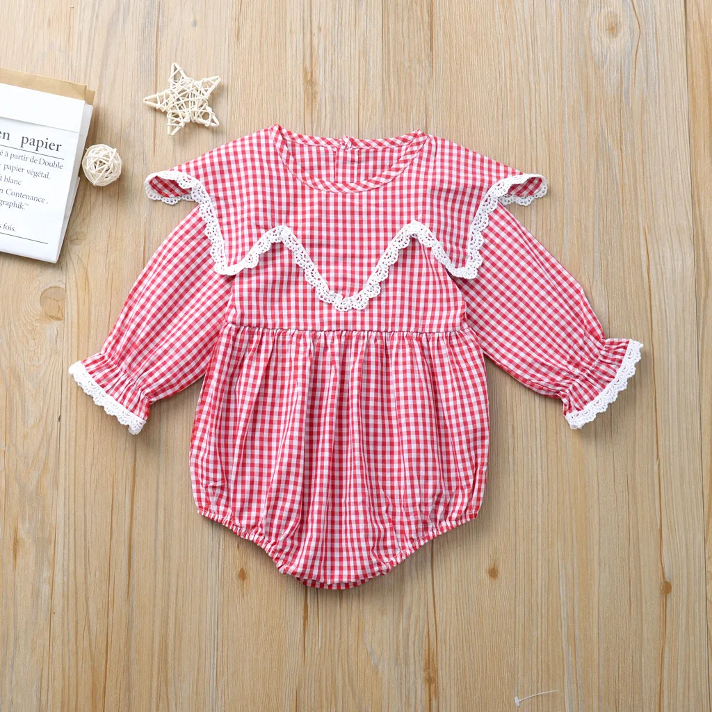 

MUQGEW Newborn Baby Girls Lace Long Sleeve Bodysuit 2019 Autumn Cotton casual Plaid Toddler infant Jumpsuit Baby Body Suit 0-24M