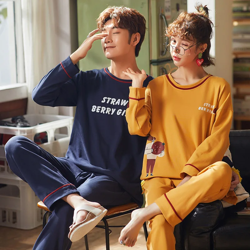 

25653 # Lettered Strawberry Yellow Blue Jyr Pullover Pure Cotton Couples Long Sleeve Pajamas Homewear Set