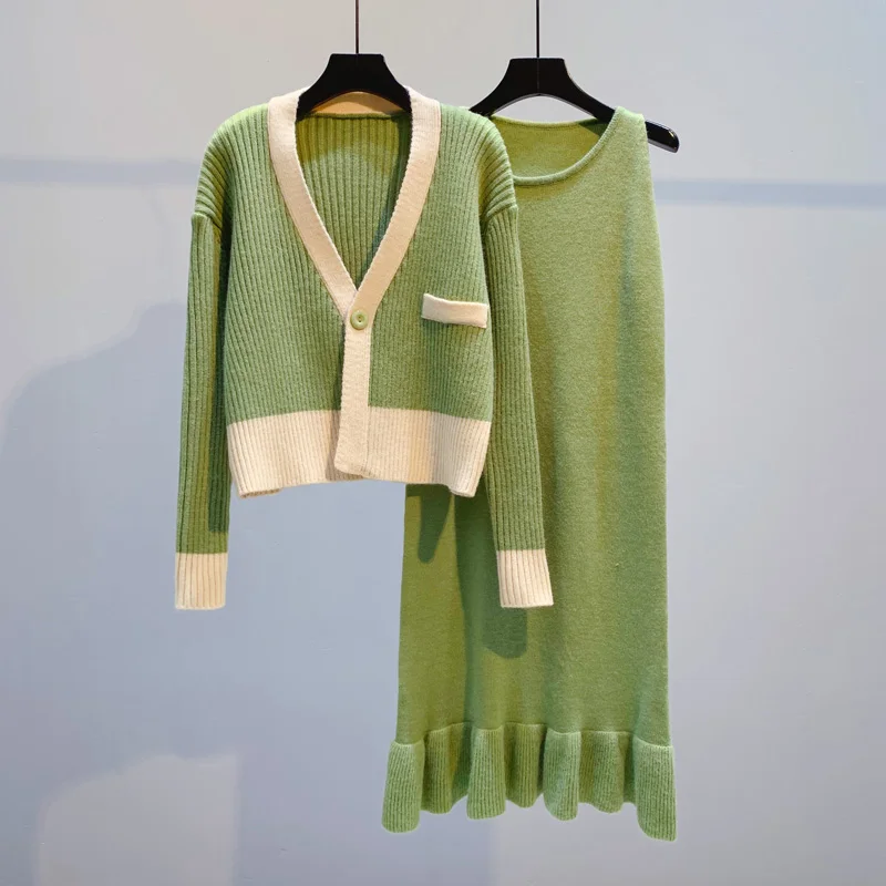 Зимний вязаный женский комплект из двух частей зеленый карман свитер кардиганы и оборки платья Офисное элегантное женское платье костюмы