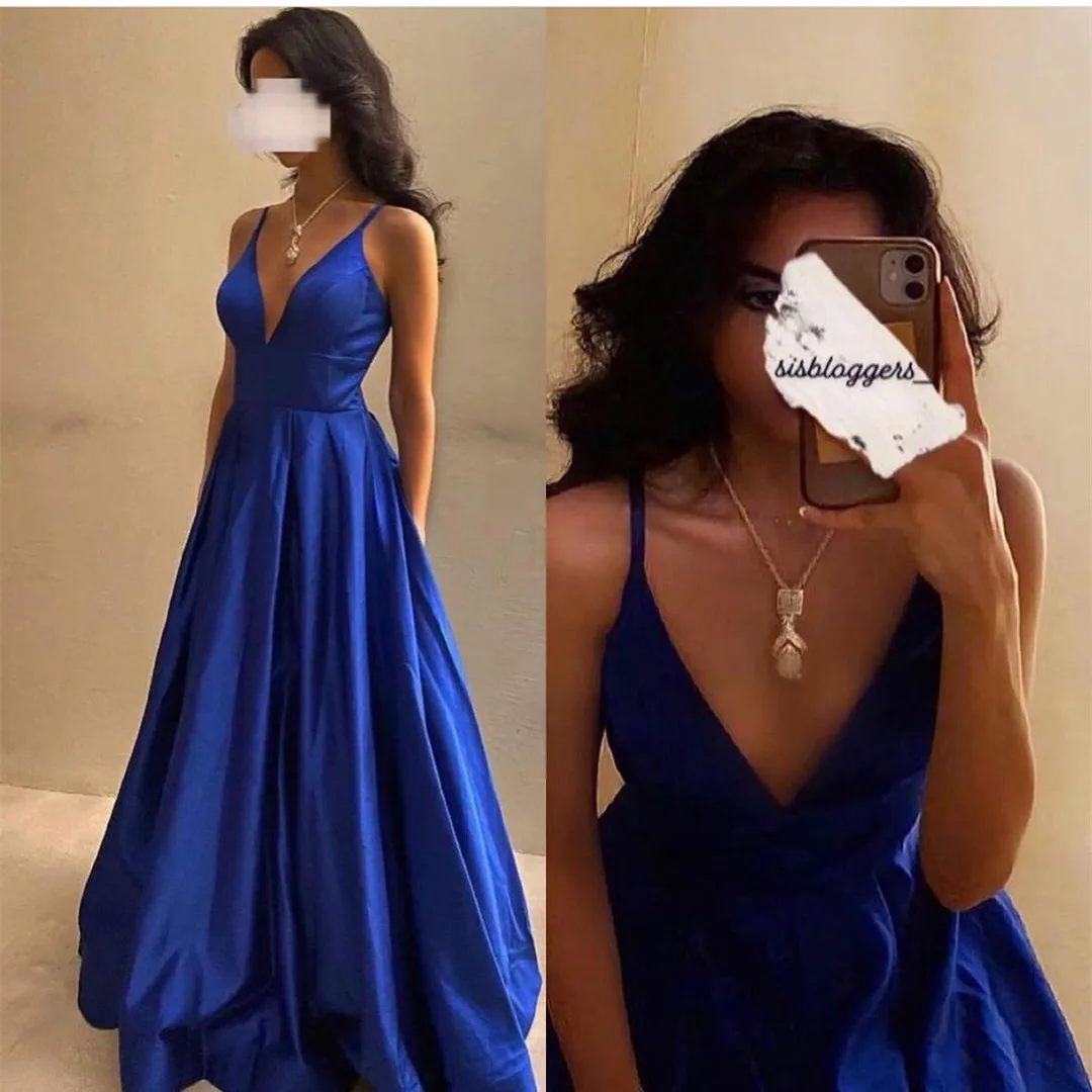 

Long V-Neck Royal Blue فساتين السهرة Evening Dresses with Pockets A-Line Satin Prom Party Gowns Robe De Soiree