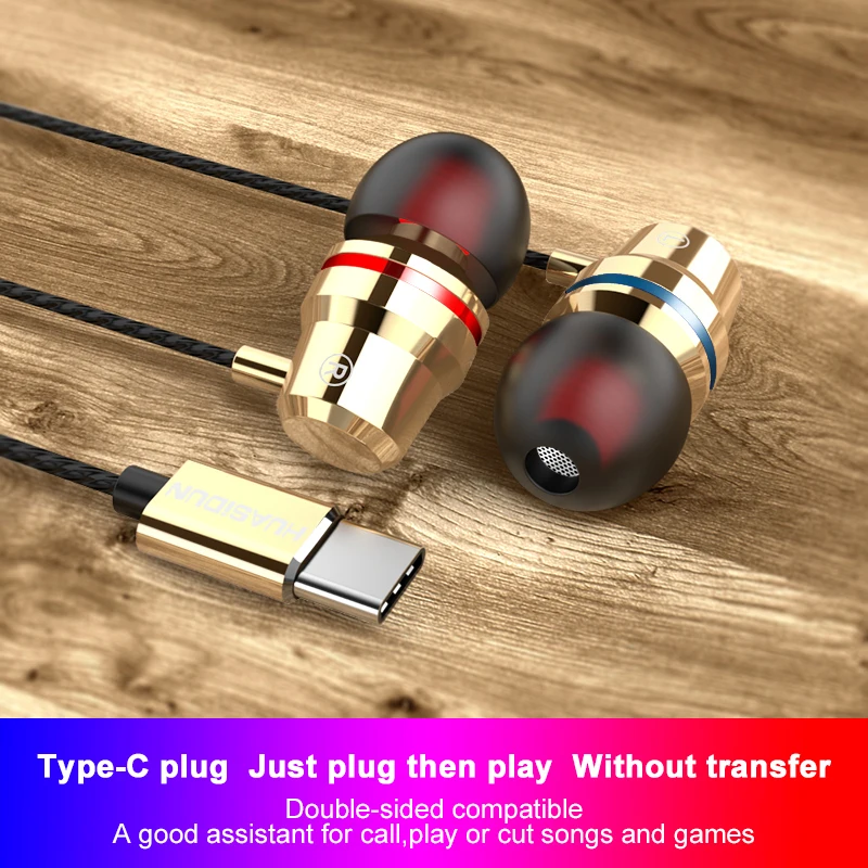 HIFI USB type C в ухо Hedset Мягкие силиконовые наушники-капельки проводной сабвуфер музыкальные наушники с микрофоном 100 шт./партия - Цвет: Золотой
