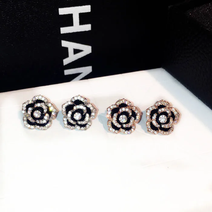 Милые женские серьги-гвоздики в виде цветка розы, модные серебряные золотые свадебные ювелирные изделия, серьги с двойным кристаллом и цирконием для женщин