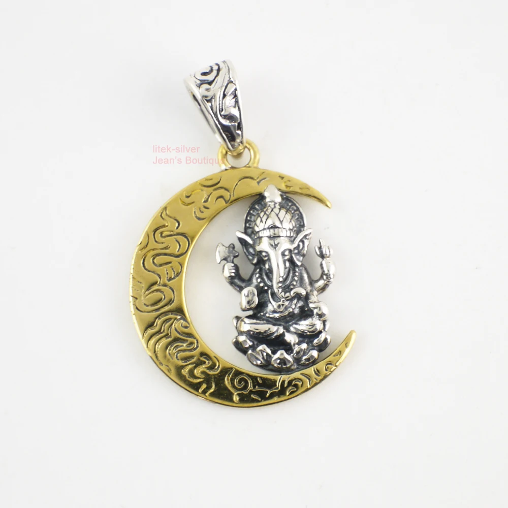 Мужской кулон для йоги серебряная подвеска Lord Ganesha на золотой Луне а2110|pendant