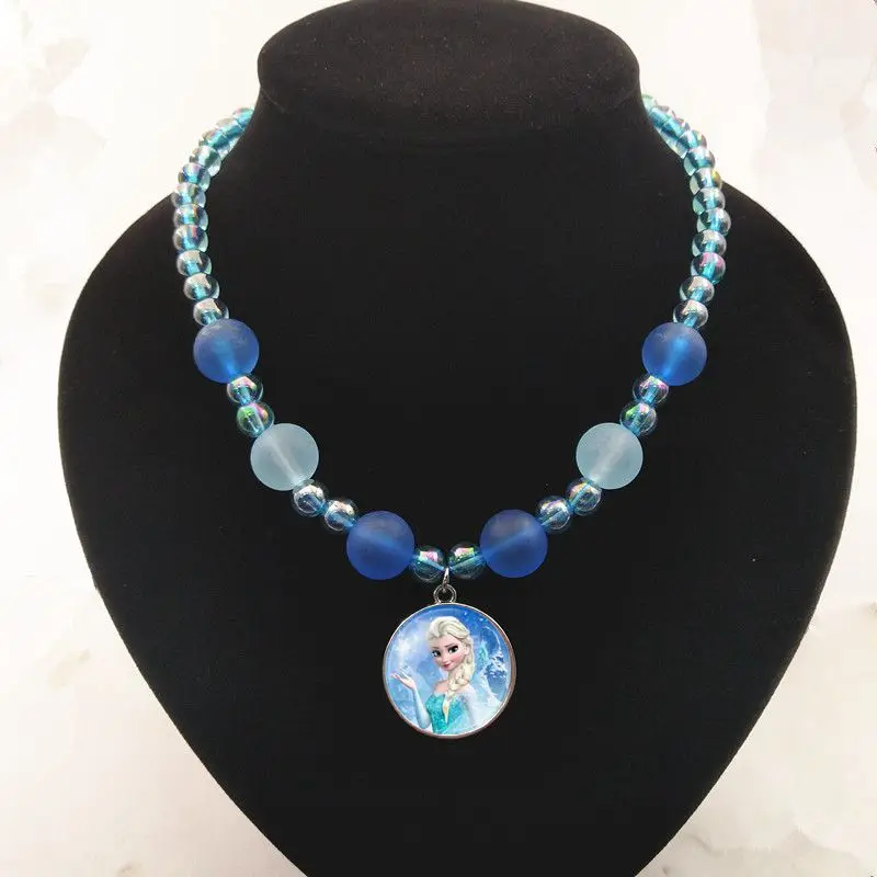 Lake blue 5 Crystal Cabochon Princess Elsa Anna Snow Queen Pendant Necklace For Girls Cartoon Dolls Bead Necklace For Kid's Birthday Gift - Metal Color: Lake blue 5
