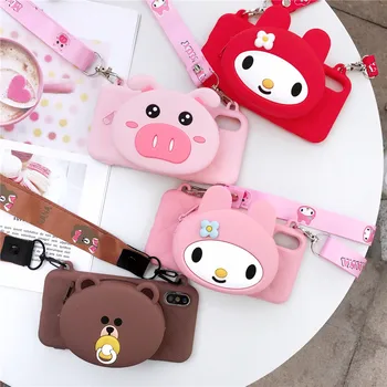 

3D Anime My Melody Silicone Coin Purse soft phone case for iPhone 11 Pro MAX 6 6s 7 8 Plus X XR XS Max cute bear Lanyard cover
