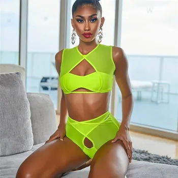 

Neon Yellow Swimsuit High Waist Bikini Sets 2020 Women Mesh Thong Swimwear Bandeau Tops Female Sexy Cut Out Bathing Suit Swim