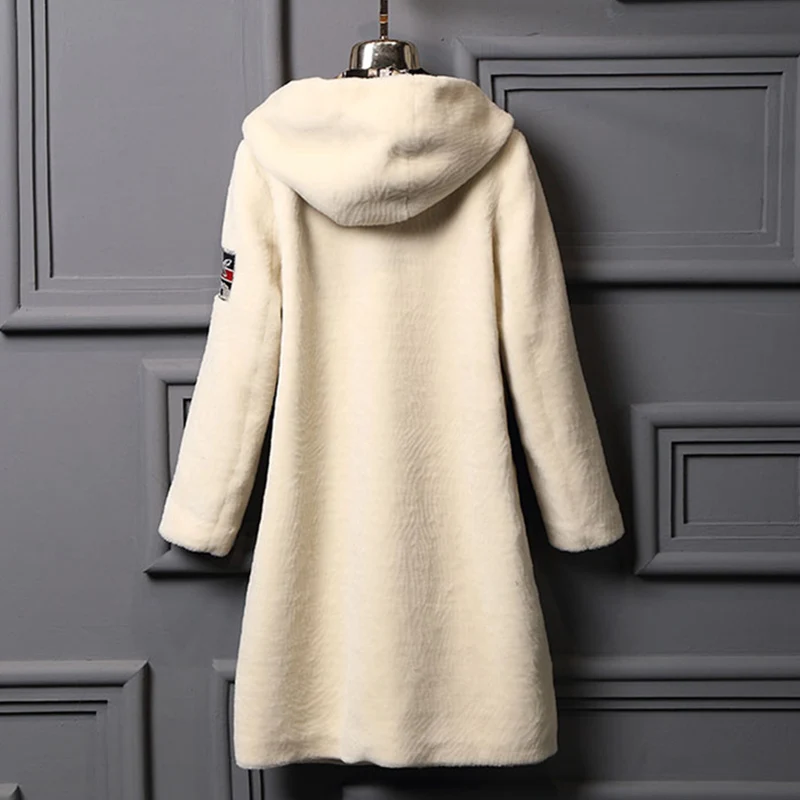 

New Real Fur High-end Fashion Windbreaker Woman Long Fur And Leather Hooded Coat Winter Wool Cashmere Warm Female Outerwear L615